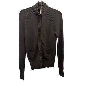 Black Ribbed Knit Cardigan Sweater With Button Front & Pockets Womens Medium Hig